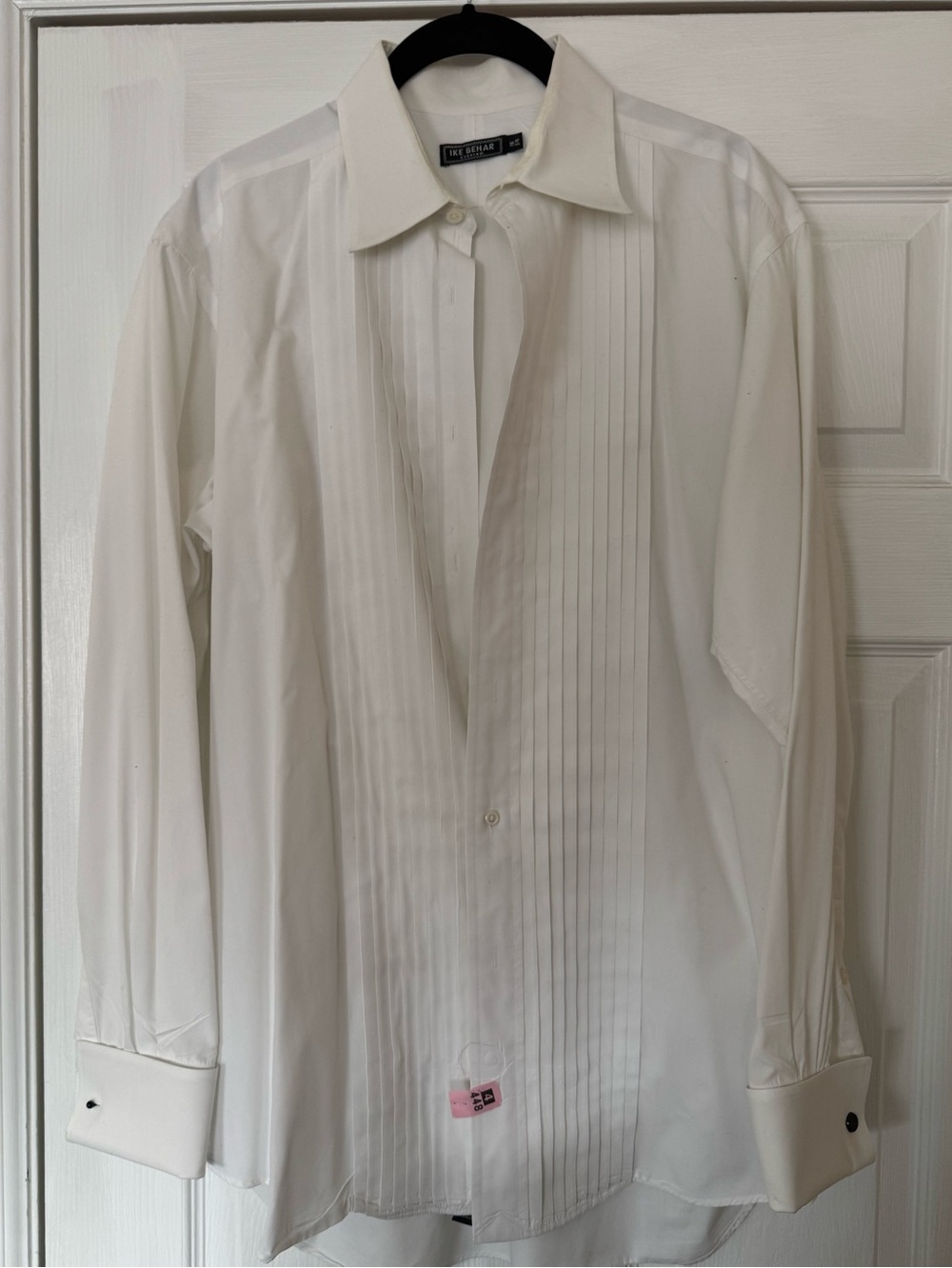 Vintage, white Ike Behar tuxedo shirt features a classic pleated bib front